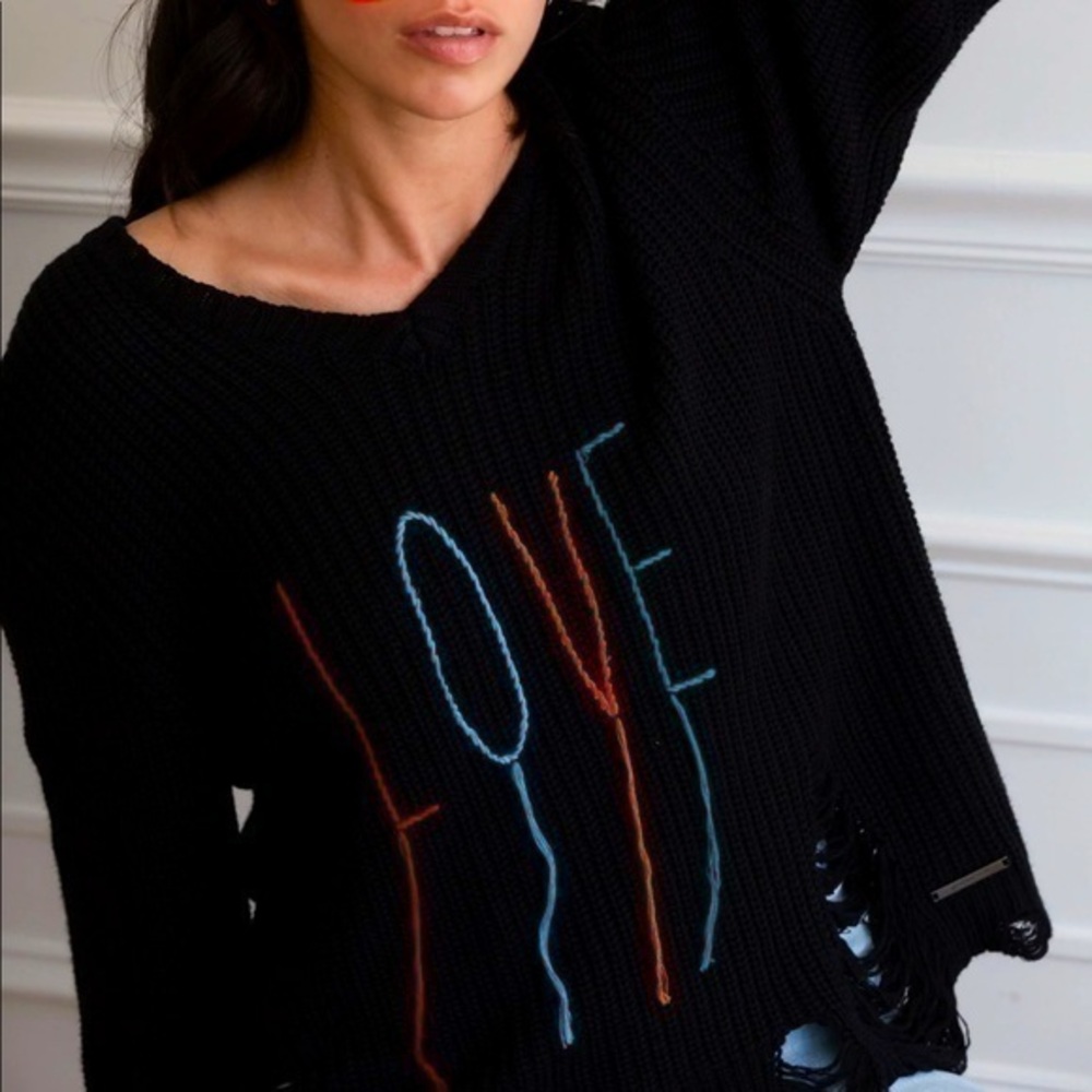 Peace Love World Black Sweater with Colorful 'LOVE' Embroidery